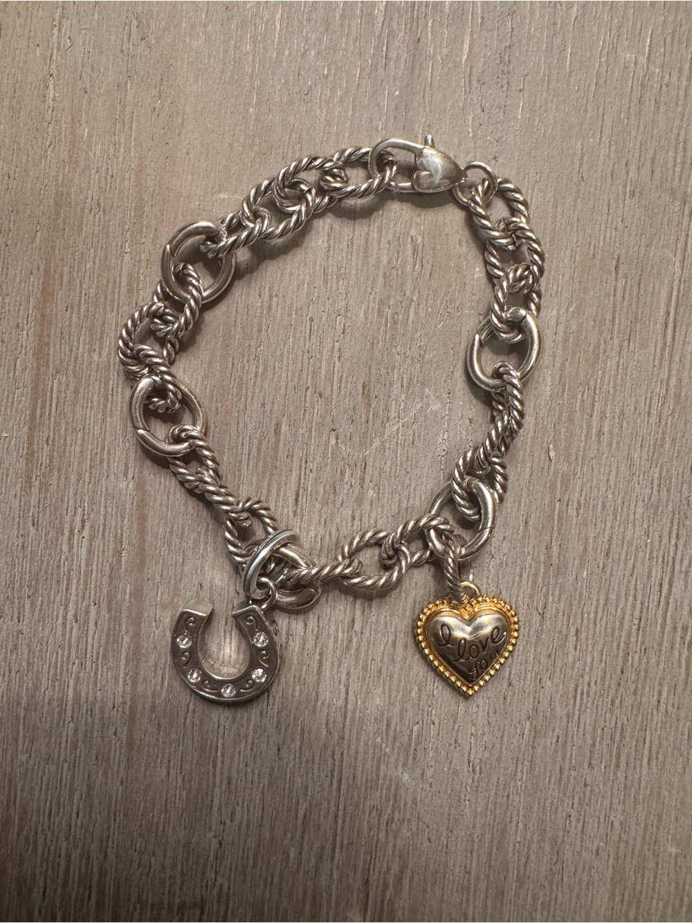 Brighton Silver Charm Bracelet with Heart "Love" and Horseshoe Detachable Charms